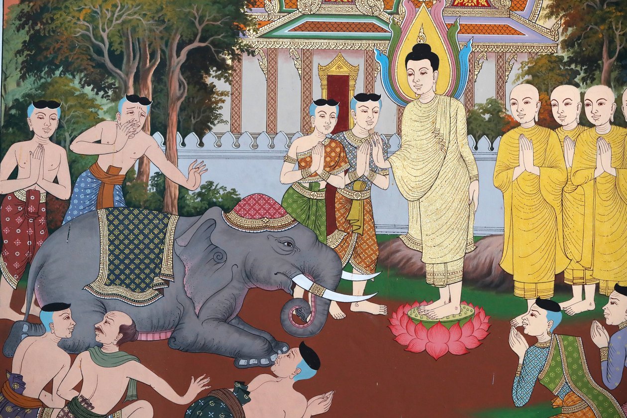 The Life of the Buddha, En vild elefant tæmmet af kærlig venlighed, Mur fresco, Wat Maniratanaram kloster, Phnom Penh, 2022 (foto) af Unbekannter Künstler