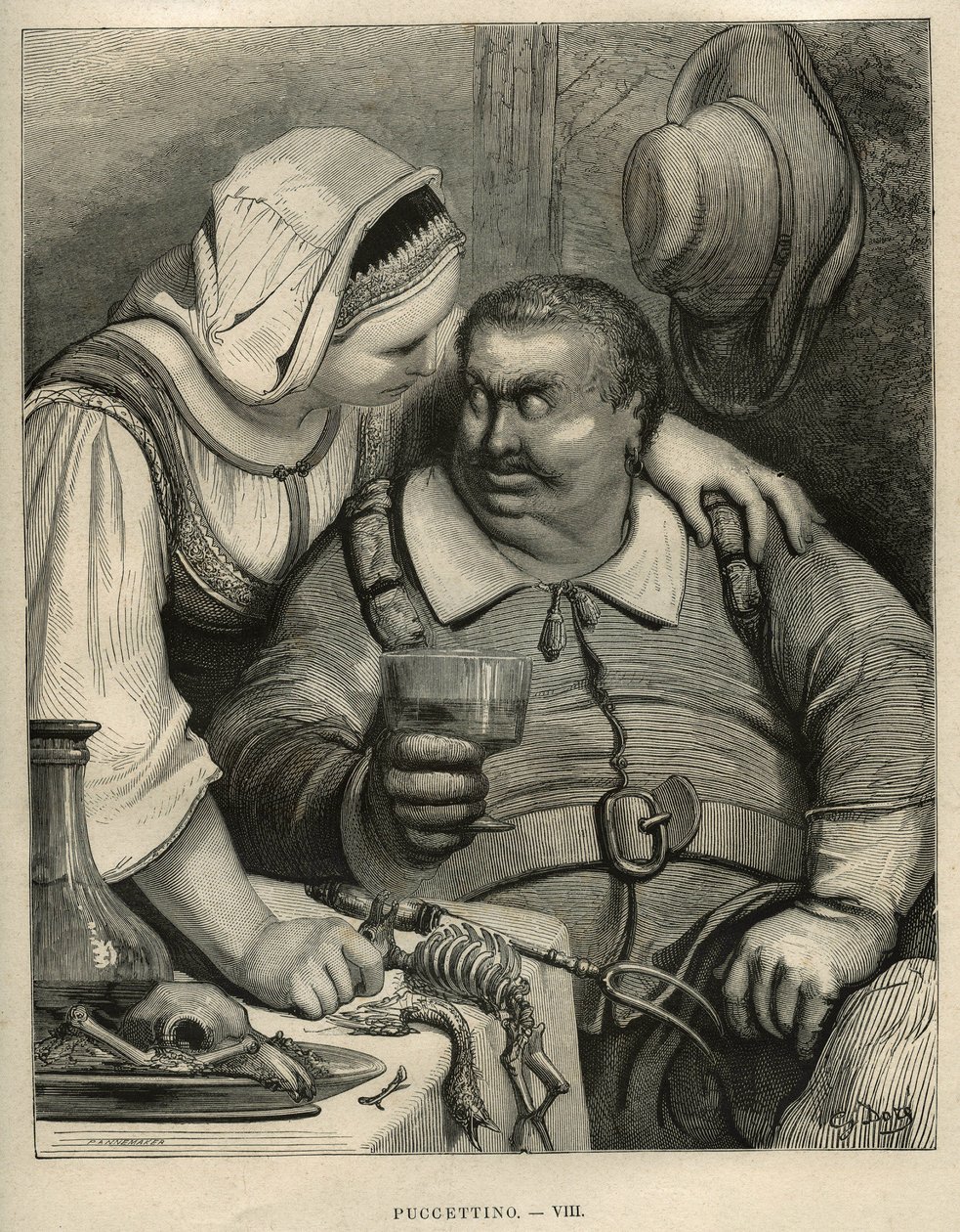 The Little Pouket: trolden og hans kone efter at have afsluttet måltidet. Gravering af Gustave Dore (1832-1883) fra "" Les contes"" af Charles Perrault (1628-1703) af Unbekannt