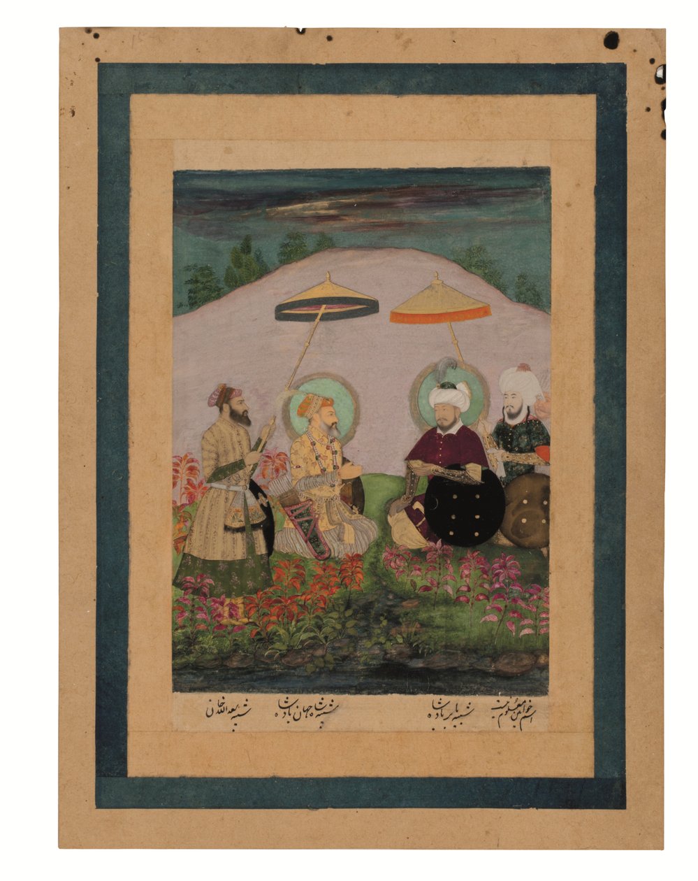 Mughal-kejseren Shah Jahan med sin forfader Timur (gouache med guld på papir) af Unbekannter Künstler