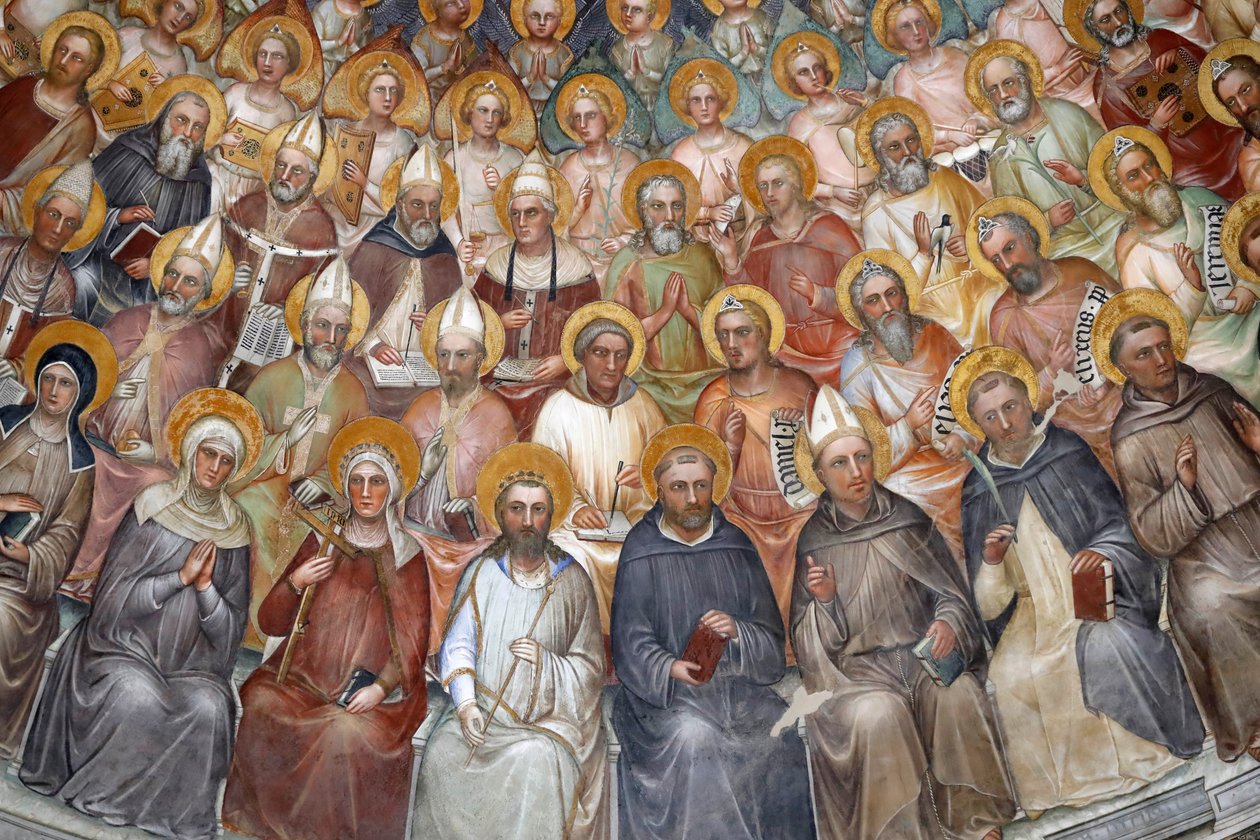 Padua dåbskapellet. Loftfresker fra det 14. århundrede af Giusto de Menabuoi. Paradiset. Velsignelse af Kristus med patriarker, profeter og helgener. Detalje. Padova. Italien. (Foto) af Unbekannt