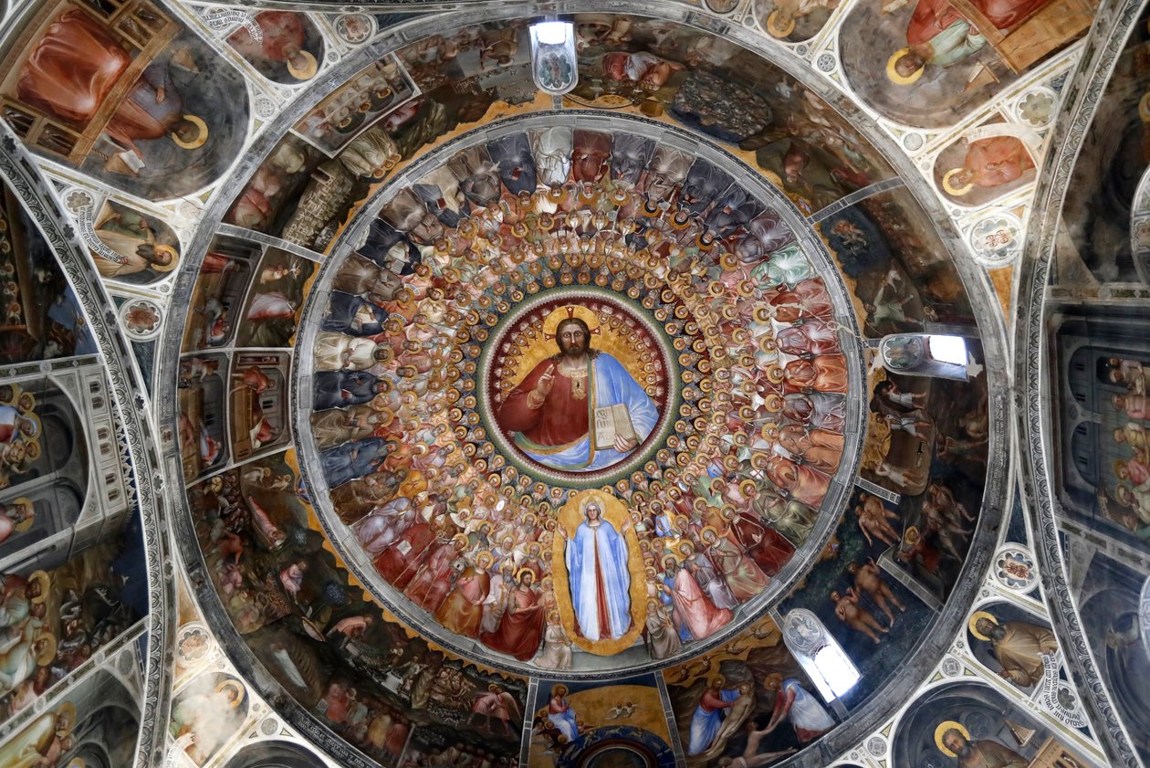 Padua dåbskapellet. Loftfresker fra det 14. århundrede af Giusto de Menabuoi. Paradiset. Velsignelse af Kristus med engle, patriarker, profeter og helgener. Padova. Italien. (Foto) af Unbekannt