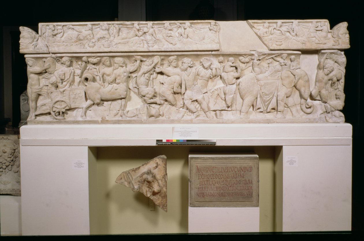 Pashley-sarkofagen, frise, der viser Dionysos triumferende tilbagevenden fra østen, romersk, fra Arvi på Kreta, ca. 125-150 e.Kr. (marmor) af Unbekannt