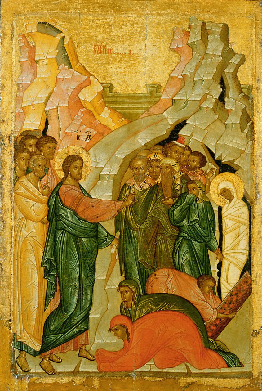 The Raising of Lazarus, russisk ikon, Novgorod-skolen af Unbekannt
