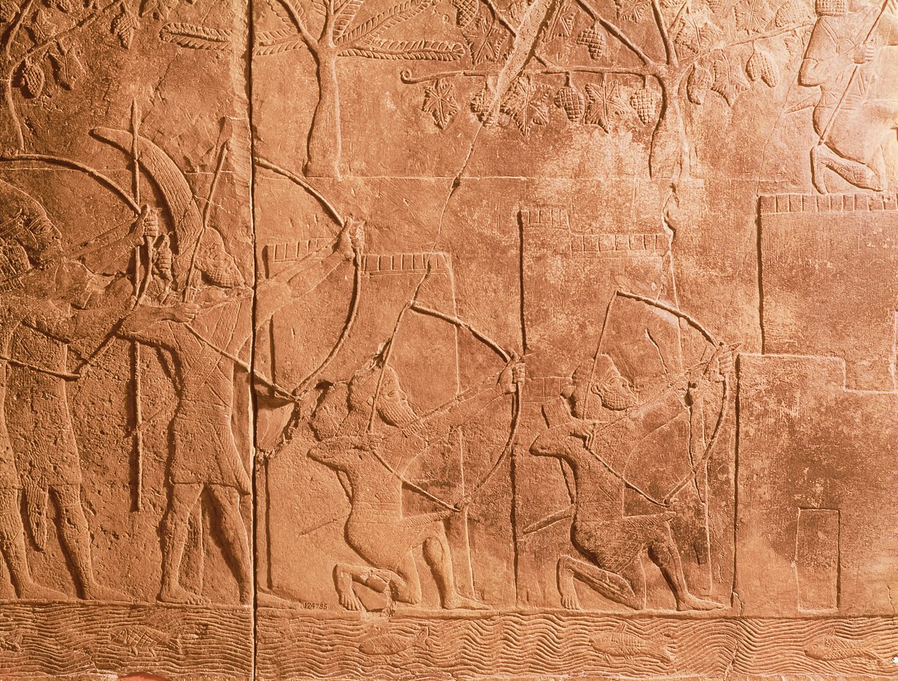Belejringen af Alammu af Sanheribs hær (704-681 f.Kr.) detaljer fra et panel fra det sydvestlige palads i Nineve, ca. 700 f.Kr. (gips) (se også 85704) af Unbekannt