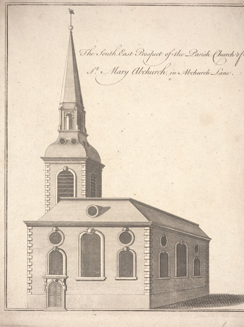 The South East Prospect of the Parish Church of St. Mary Abchurch, i Abchurch Lane, ca. 1740 (gravering) af Unbekannter Künstler