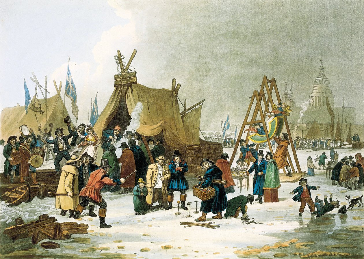 Themsen frøs til i vinteren 1813-1814, før den gamle London Bridge blev revet ned i 1831, frøs Themsen til i meget kolde vintre, og londonerne benyttede lejligheden til at anlægge legepladser for børn, improviserede skøjtebaner og opstillede ti af Unbekannter Künstler
