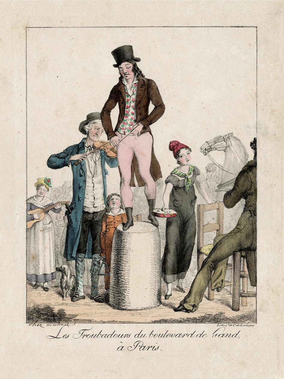 Troubadourerne på Boulevard de Gand, Paris, ca. 1820 (gravering) af Unbekannter Künstler