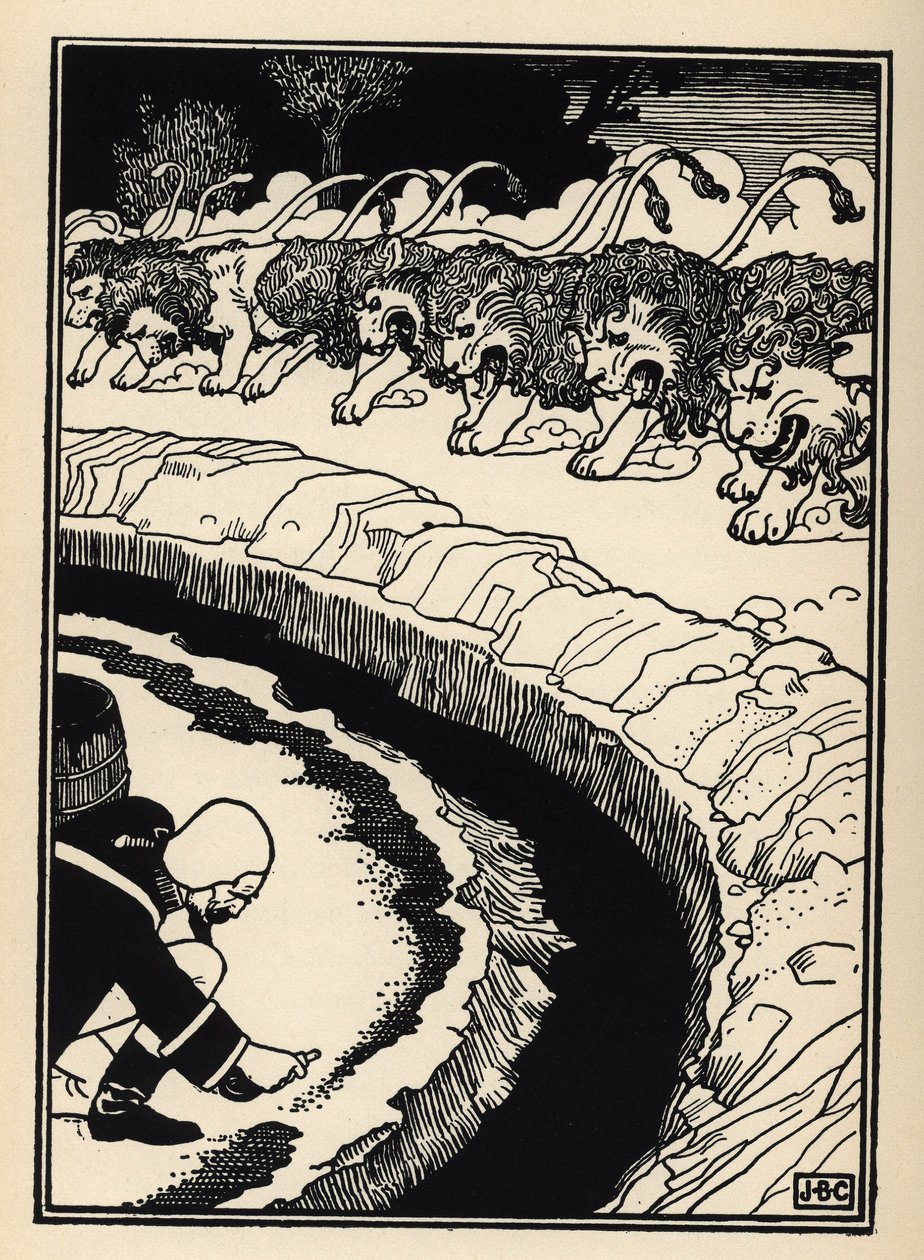 Baronen forsvarer sig mod løvernes angreb ved at sætte ild til krudt. Illustration af William Strang (1859-1921) og JB Clark fra "The Adventures of the Baron of Munchausen (Munchhausen) af Rudolf Erich Raspe (1736-1794) (1789) af Unbekannt
