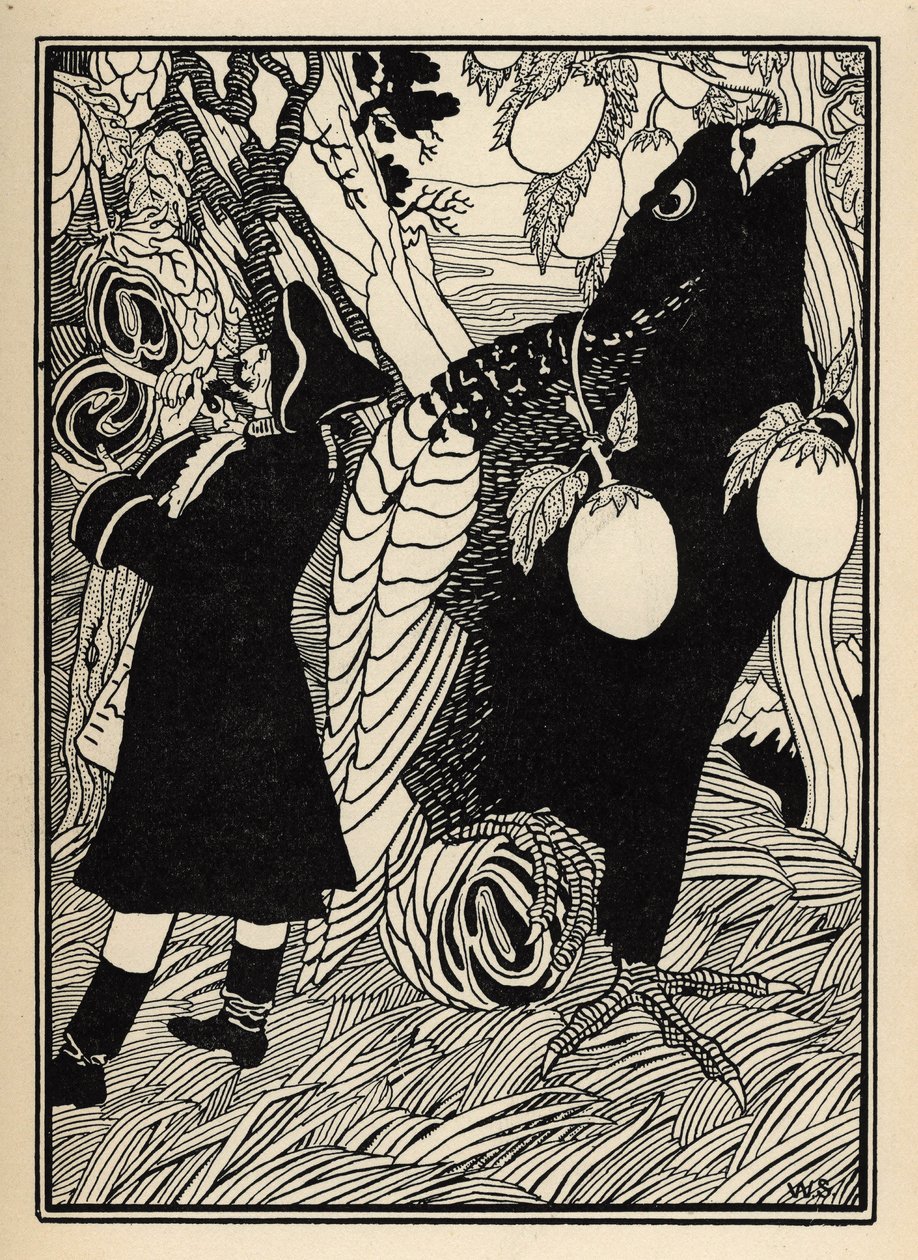 Baronen opdager de store fugle og rotis på træerne i USA. Illustration af William Strang (1859-1921) og JB Clark fra "The Adventures of the Baron of Munchausen (Munchhausen) af Rudolf Erich Raspe (1736-1794) (1789) af Unbekannter Künstler