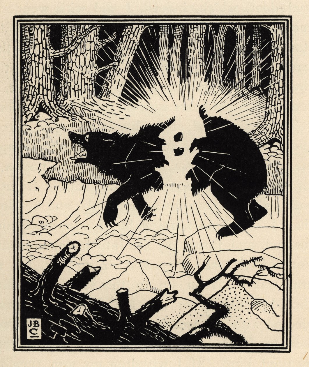 Baronen eksploderer en sort bjørn med to flintsten. Illustration af William Strang (1859-1921) og JB Clark fra "The Adventures of the Baron of Munchausen (Munchhausen) af Rudolf Erich Raspe (1736-1794) (1789) af Unbekannt
