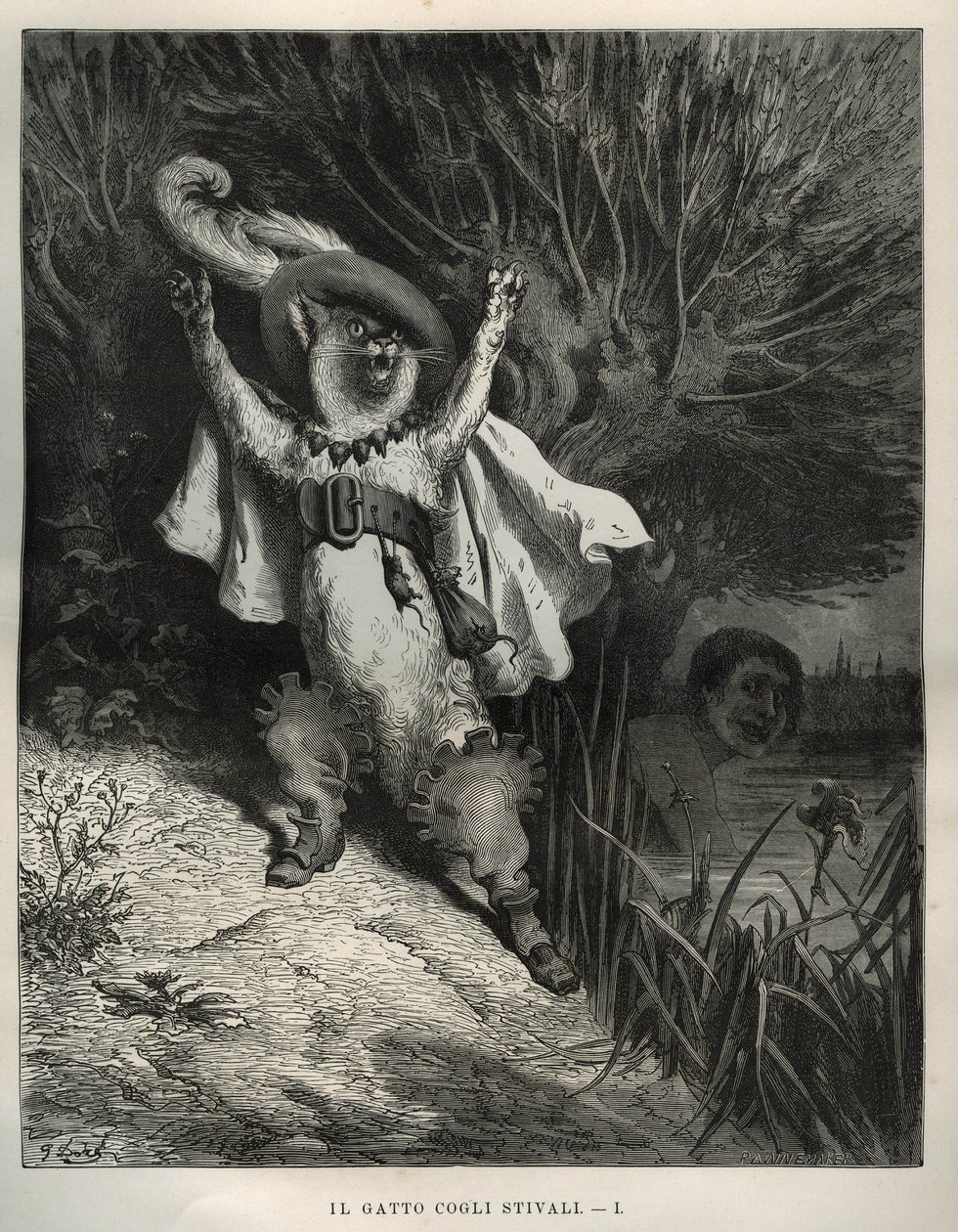 Støvlekatten tilkalder hjælp. Gravering af Gustave Dore (1832-1883) fra "" Les contes"" af Charles Perrault (1628-1703) af Unbekannt