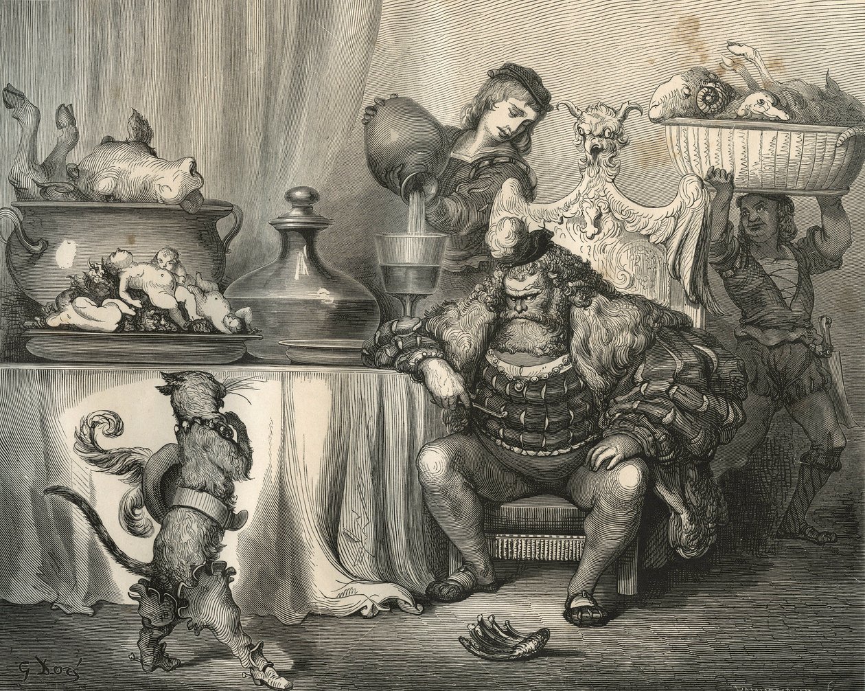 Støvlekatten møder Ogre. Gravering af Gustave Dore (1832-1883) fra "" Les contes"" af Charles Perrault (1628-1703) af Unbekannt