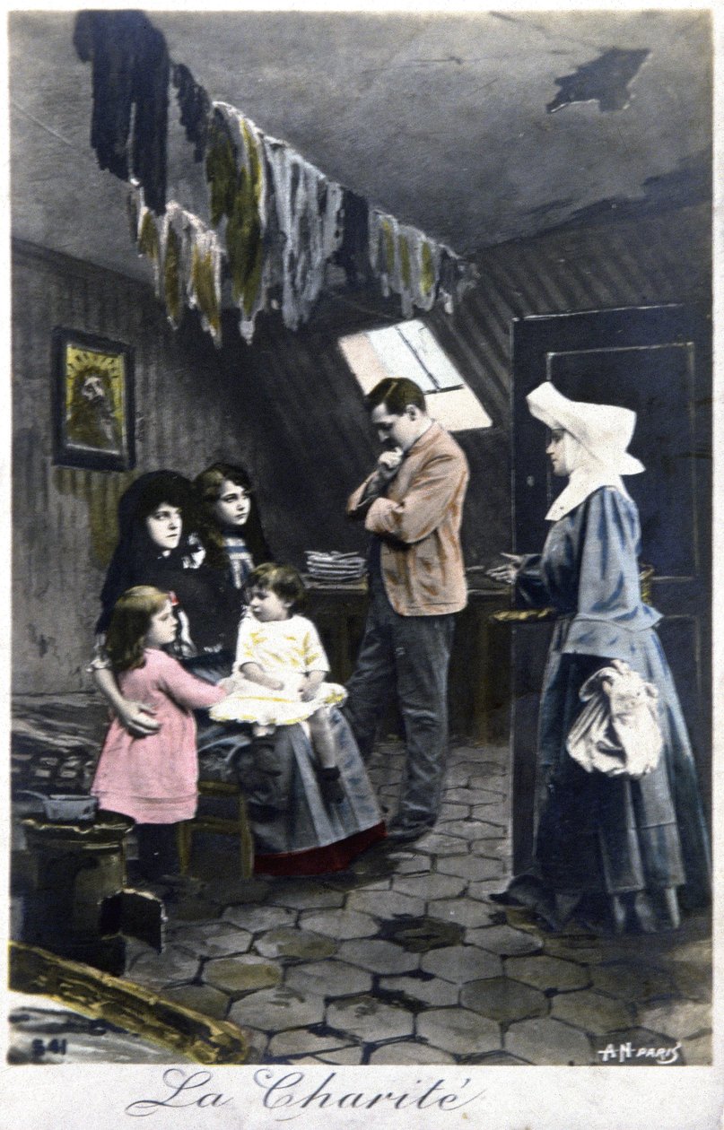 Velgørenhed: nonne besøger fattige mennesker, ca. 1910 (postkort) af Unbekannter Künstler