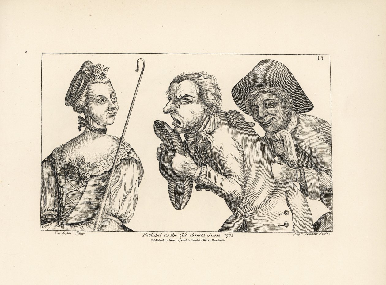 De komiske figurer Cimon og Mopsus med den smukke Phillida. Fra Colley Cibbers komiske opera Damon og Phillida af Unbekannter Künstler