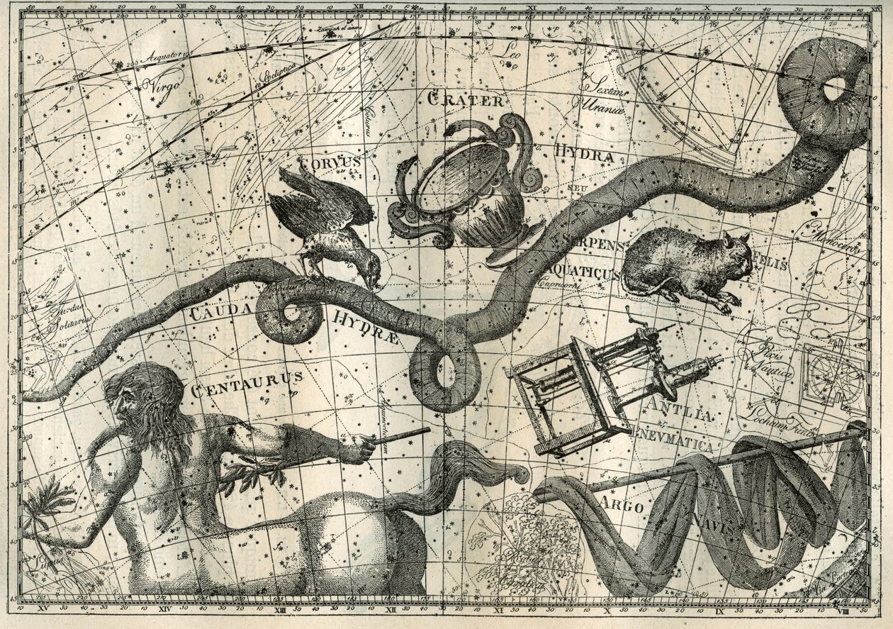 Stjernebilledet Hydra, med en Curbeau, der prikkede til den, og en Balancering, stammede fra myten om Apollo, der havde sendt en krage med en kop fuld af vand for at ofre til Jupiter. Under Hydre var den franske astronom Lalande (1732-1807) dr af Unbekannter Künstler