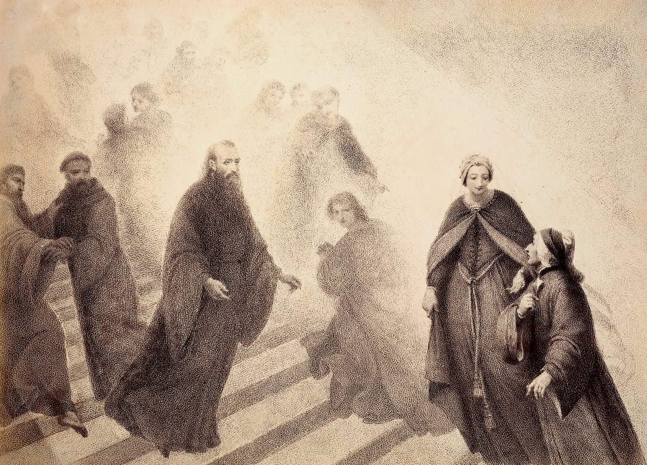 Peter Damians kontemplative ånd stiger ned fra en gylden stige og bevæger sig mod Dante. Illustration af Canto XVI i Paradiso i Den guddommelige komedie af Dante Alighieri. Et værk af Francesco Scaramuzza dedikeret til Firenzes kommune. af Unbekannter Künstler