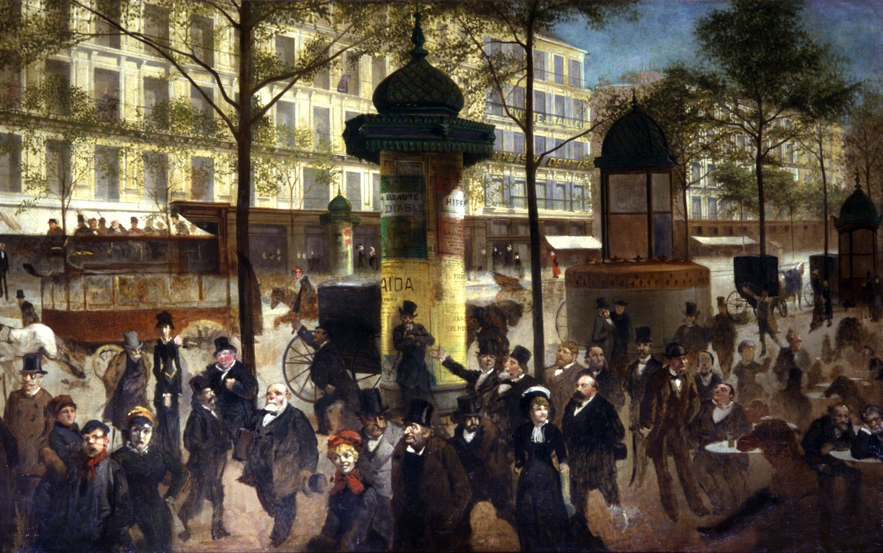 Menneskemængden på Italiens boulevard i Paris, ca. 1900 (maleri) af Unbekannter Künstler