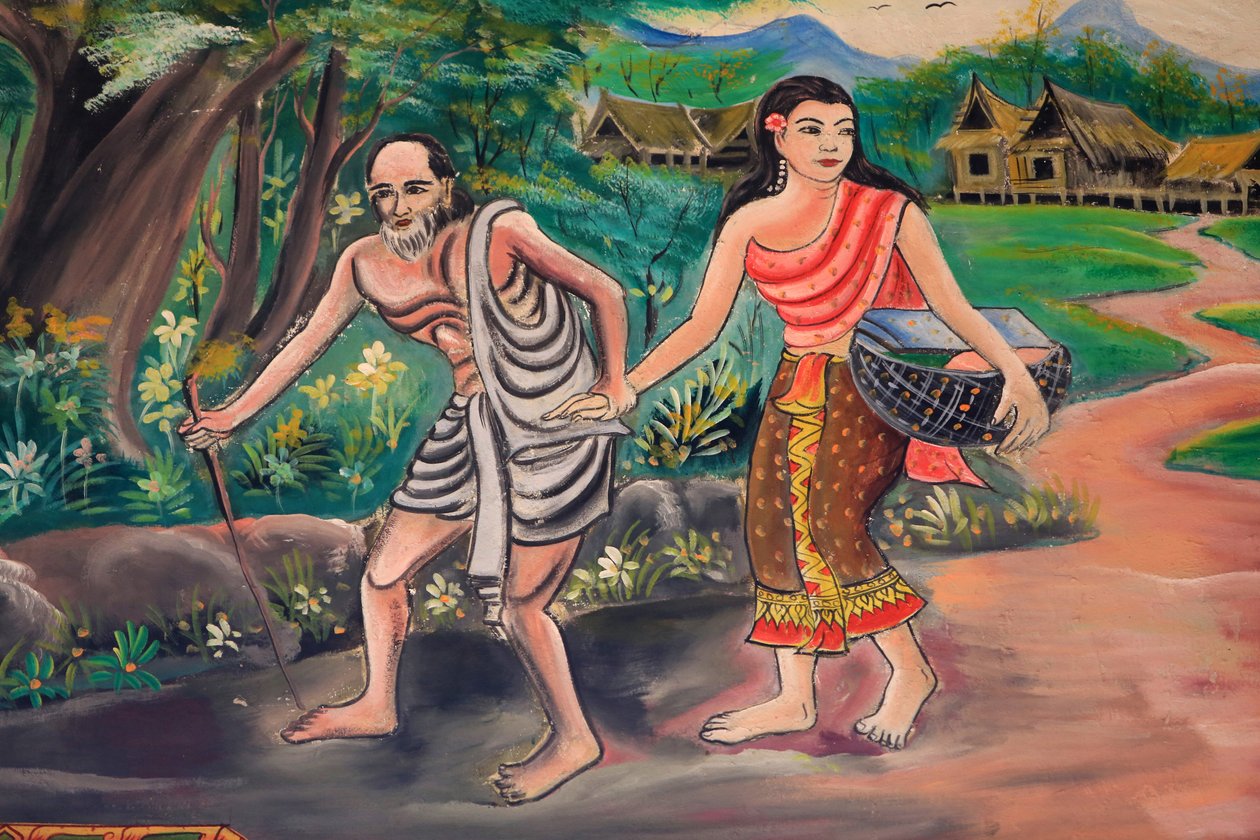 Dagen før. Møde med landsbyboeren. Oplysningens vej. Buddhas liv. Loftskunst, der skildrer Buddhas liv. Wat Inpeng. Vientiane. Laos, 20151029, Vientiane, Laos af Unbekannt