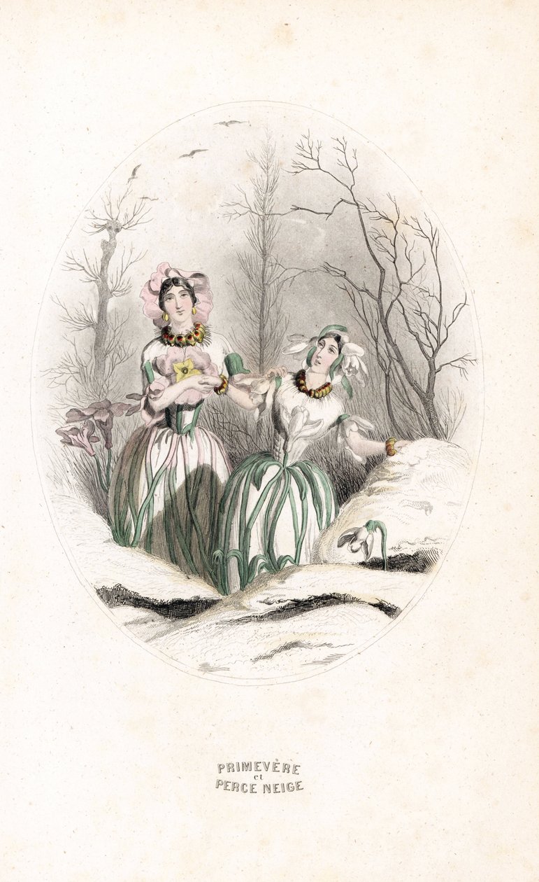 Gebyrerne gennemborer sneen og blomstrer i et snedækket landskab - Eau forte af Charles Geoffroy (1819-1882), baseret på en illustration af Jean Ignace Isidore Gerard dit J.J.J.Granville (1803-1847), til Les fleurs animees af Unbekannter Künstler