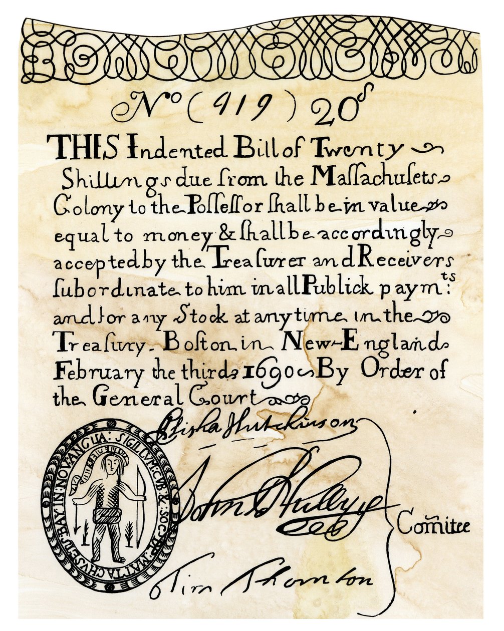Den første amerikanske pengeseddel til en værdi af 20 shilling, udstedt af General Court of the Boston Colony (Massachusett, USA) i 1690. Graveringsfarver fra det 19. århundrede. af Unbekannter Künstler