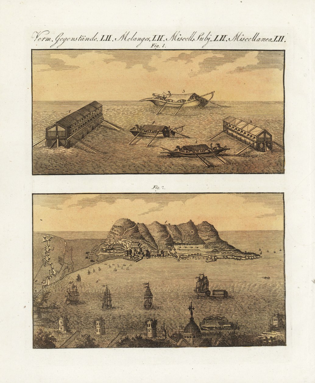 Den britiske hærs flydende batterier i Gibraltar i 1782. En pram med 210 kanoner i to etager og en anden pram i én etage designet af den franske ingeniør Arcon til at bombe byen. Den britiske flådes flydende batterier i Gibraltar. af Unbekannter Künstler