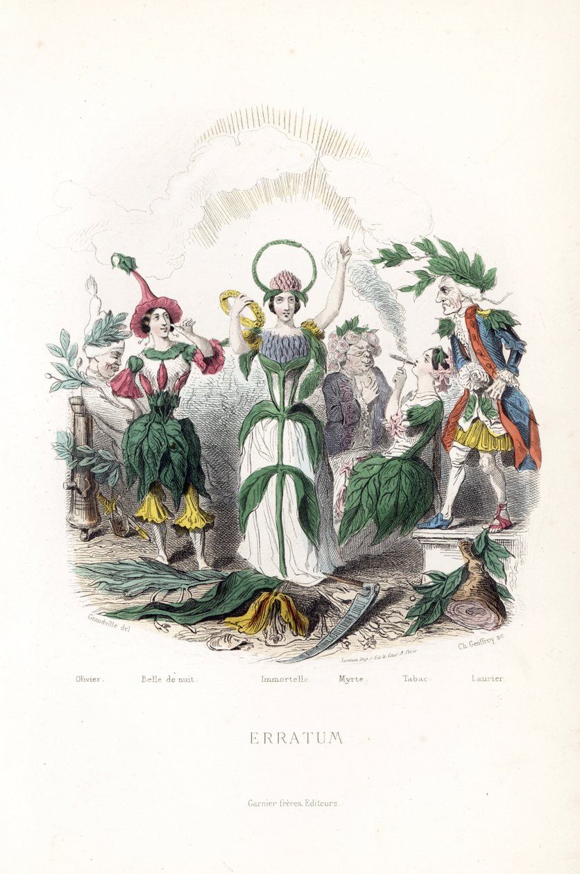 Blomsterhonoraret, olivenen, der sover i en bomuldshue, nattens skønhed, immortellen med en krone og en slange-aureole, myrten i en gammel mand, tobakken, der ryger cigaren og laurbæren i en gammel musketer - Eau forte af Charles Geoffroy (181 af Unbekannter Künstler