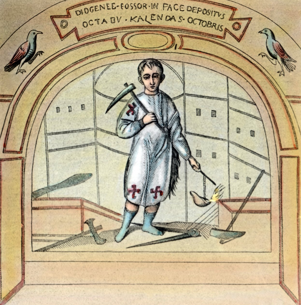 Fossoren eller graveren Diogenes som et vægmaleri ved St Marcellino-kirken i Via Labicana i Rom, Italien, 1920
