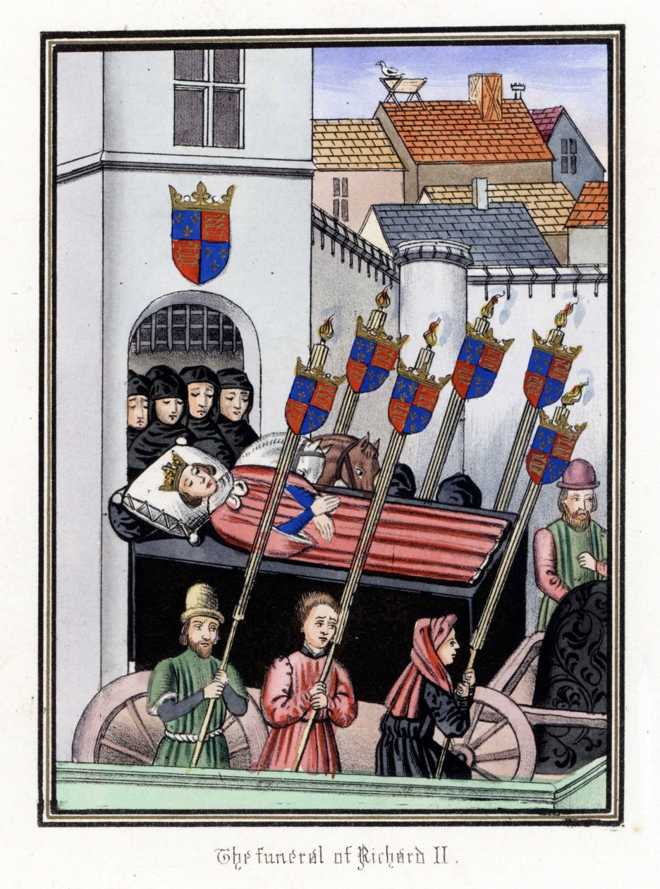 Kong Richard II af Englands (1367-1400) begravelsesfølge forlader slottet Pontefract og kører til Saint Paul-katedralen i London (England). af Unbekannter Künstler