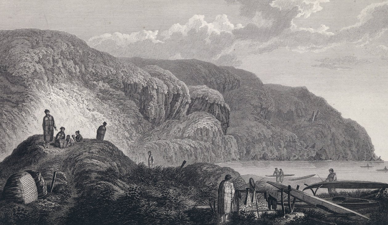 Indbyggerne i Oonalashka (eller Unalaska, Alaska, USA) og deres hjem. Gravering i slutningen af det 18. århundrede efter John Webber (1751-1793). af Unbekannter Künstler