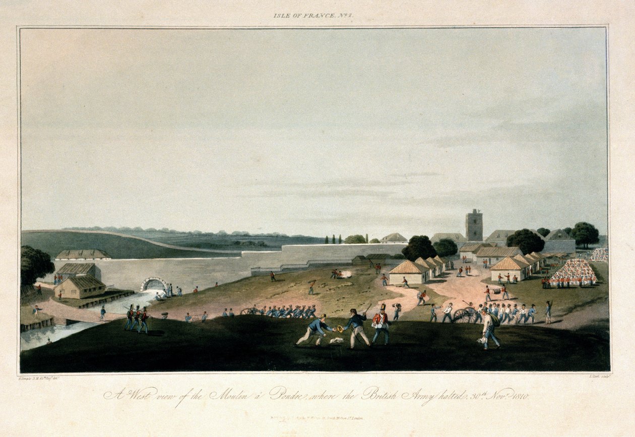Île de France (Mauritius), vestlig udsigt over møllen i Pondre, hvor den britiske hær forblev udstationeret den 30. november 1810. Radering i farver af Unbekannter Künstler