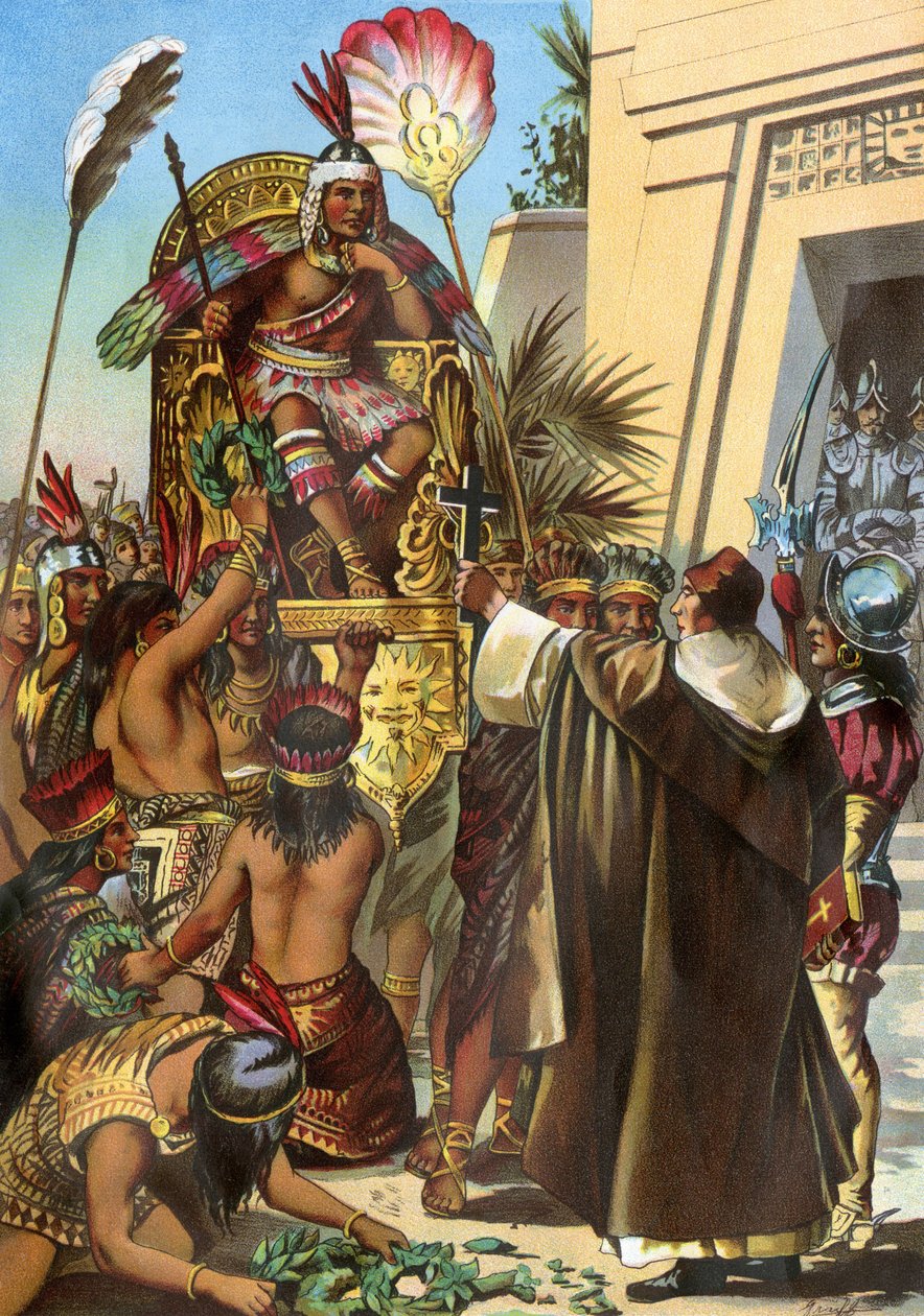Missionærfaderen Vicente de Valverde henvendte sig til kong Inka Atahualpa i 1532 af Unbekannter Künstler