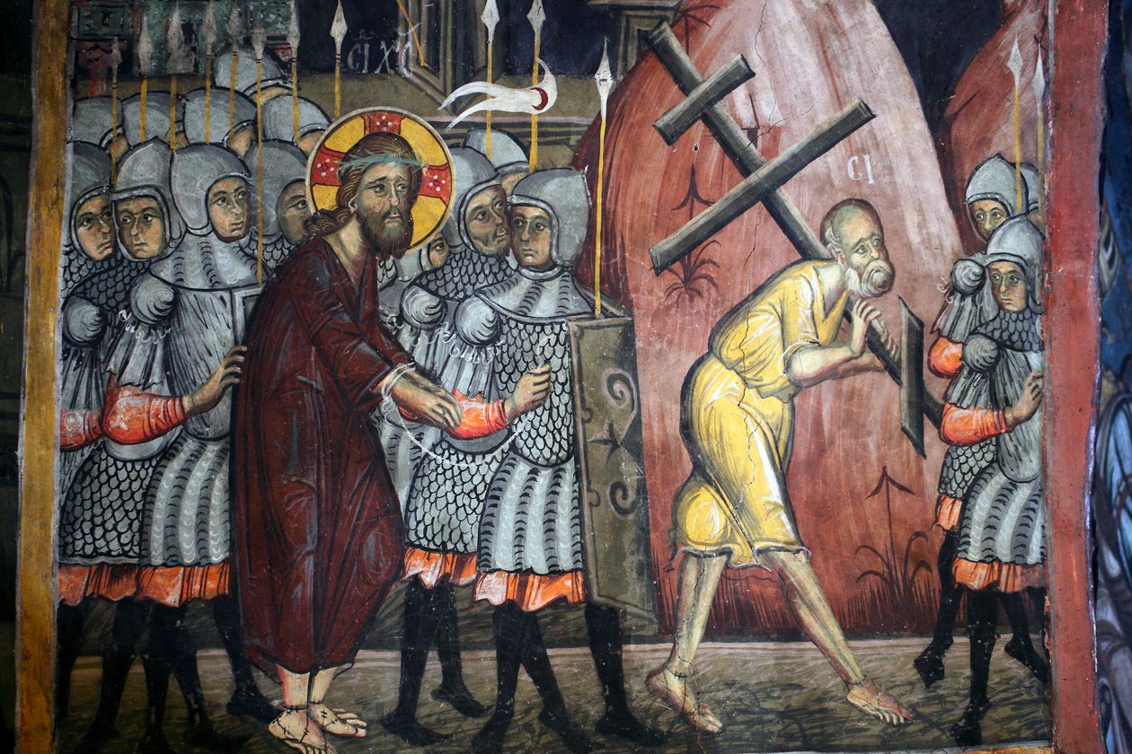 Kristi passion Simon bærer korset Byzantinsk fresko fra Agios Ioannis Lampadistis kloster, Saint John Lampadistis 11. århundrede Cypern Malede kirker UNESCO-sted Troodos, Cypern af Unbekannt