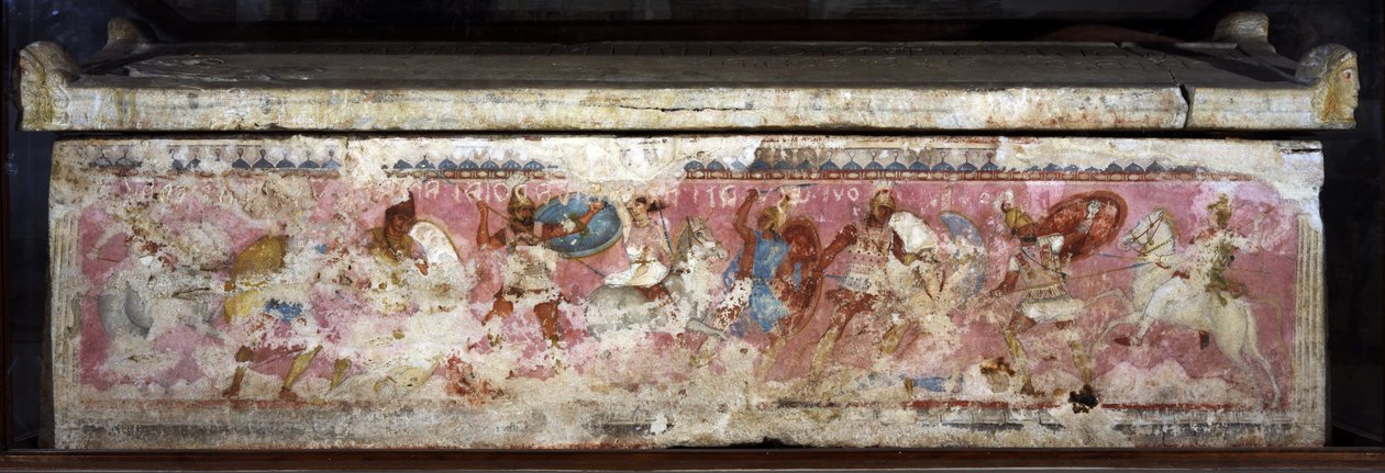 Amazonernes sarkofag, dekoreret med scener af kampe mellem grækere og amasoner, fra Tarquinia, 4. århundrede f.Kr. (alabaster) (se også 36059) af Unbekannt