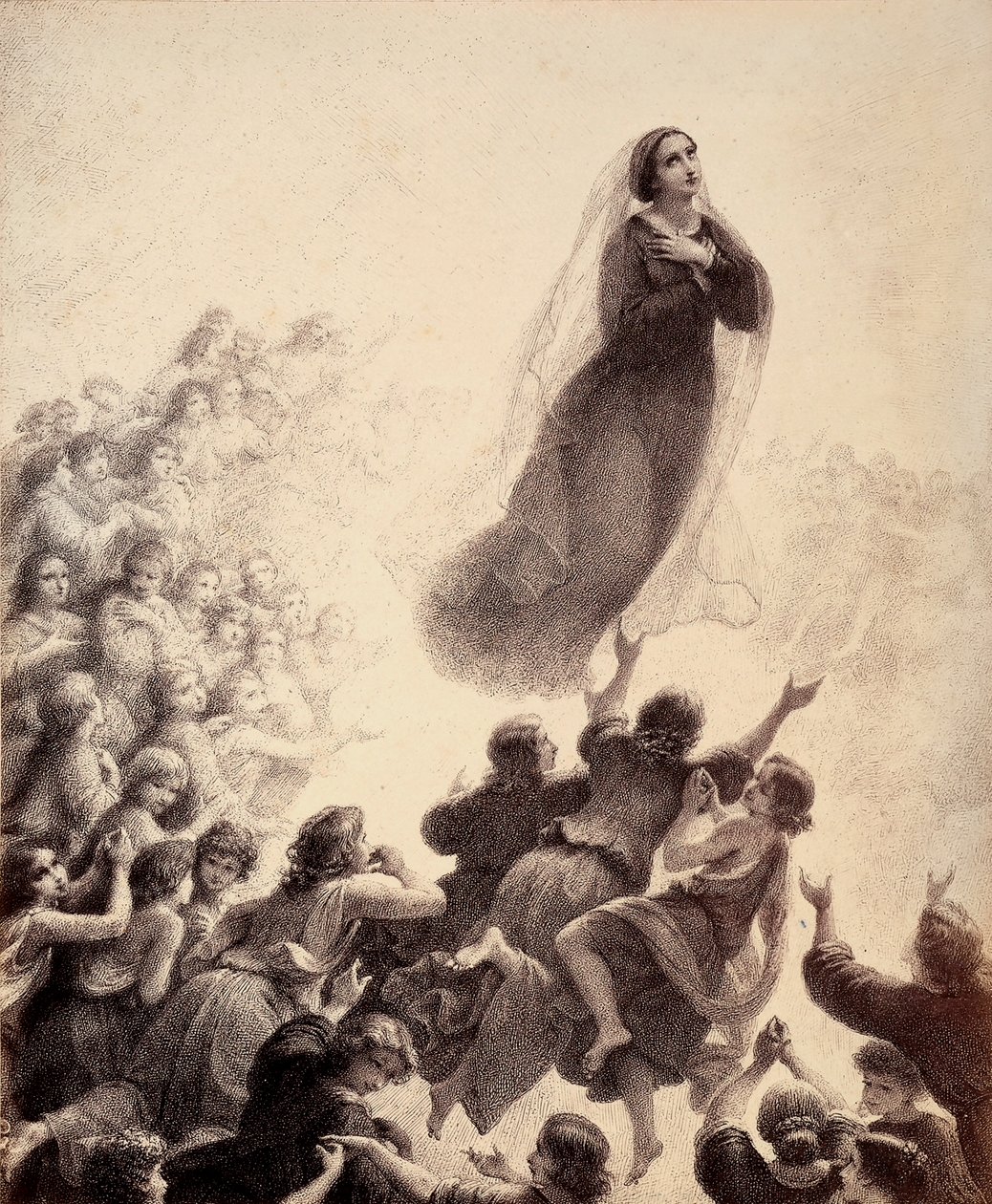 De velsignedes ånder, med udstrakte arme, ledsager Marias genkomst til Empyrean med sang. Illustration af Canto XXIII i Paradiso i Den guddommelige komedie af Dante Alighieri. Værk af Francesco Scaramuzza dedikeret til Firenzes kommune. af Unbekannter Künstler
