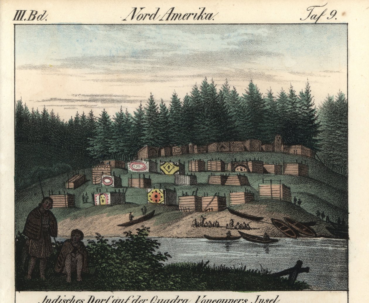 Landsbyen med træhuse malet af indianere på Vancouver Island, Canada. Litografi til bogen: "Galerie complete en tableaux fideles des peuples d