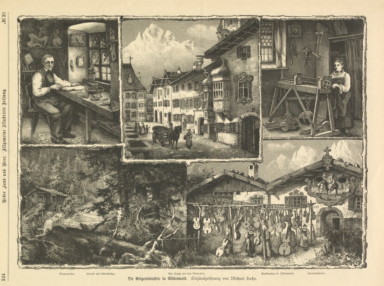 Violinindustrien i Mittenwald, Stuttgart 1882 (gravering) af Unbekannter Künstler