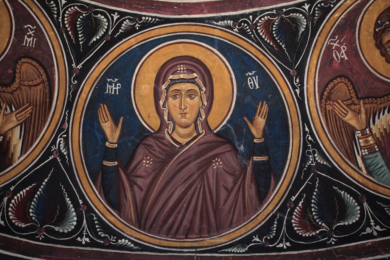 Jomfru Maria-medaljen omkring Kristus og den sidste dom Detalje af den byzantinske fresco fra Narthex-hvælvingen i kirken Asinou Sidste domsscene 1300-tallet (1332) UNESCO, verdenskulturarv Troodos-regionen, Cypern af William M. Timlin