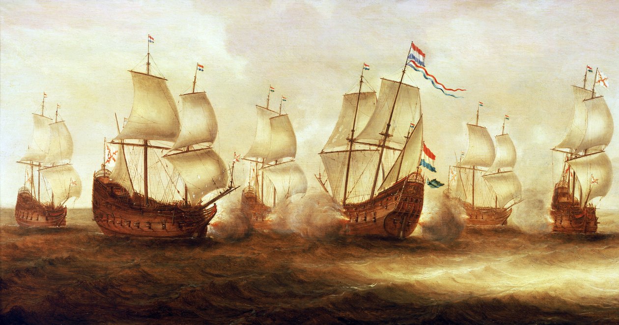 Trediveårskrigen (1618-1648): Admiral Witte de Withs (1599 -1658) aktion med Dunkerques både ud for Nieuwpoort (Holland) i 1641. af Unbekannter Künstler