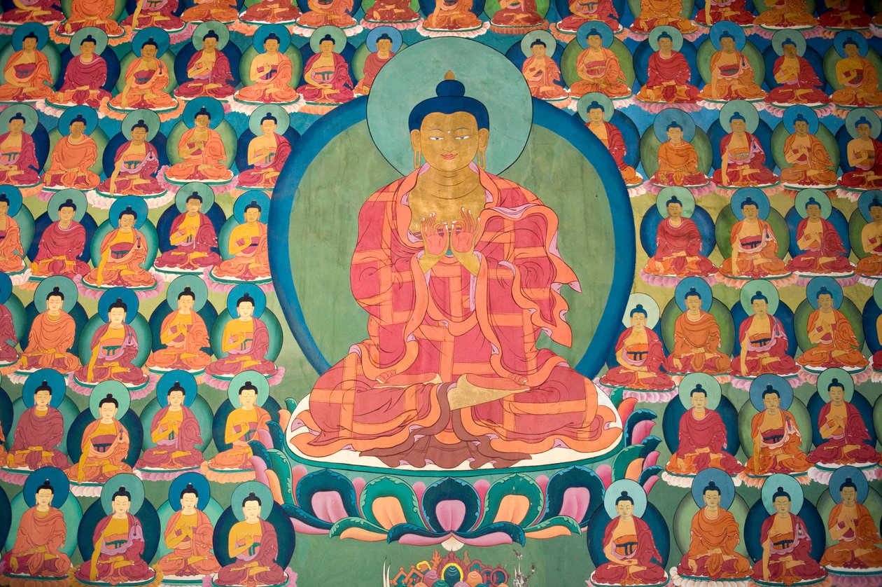 tibetansk buddhisme; vægmaling; meditere Buddha; mange små Buddhaer; Chemre Gompa Kloster; Chemrey; Ladakh-regionen; Jammu og Kashmir; Indien; Syd Asien; Asien af Unbekannt
