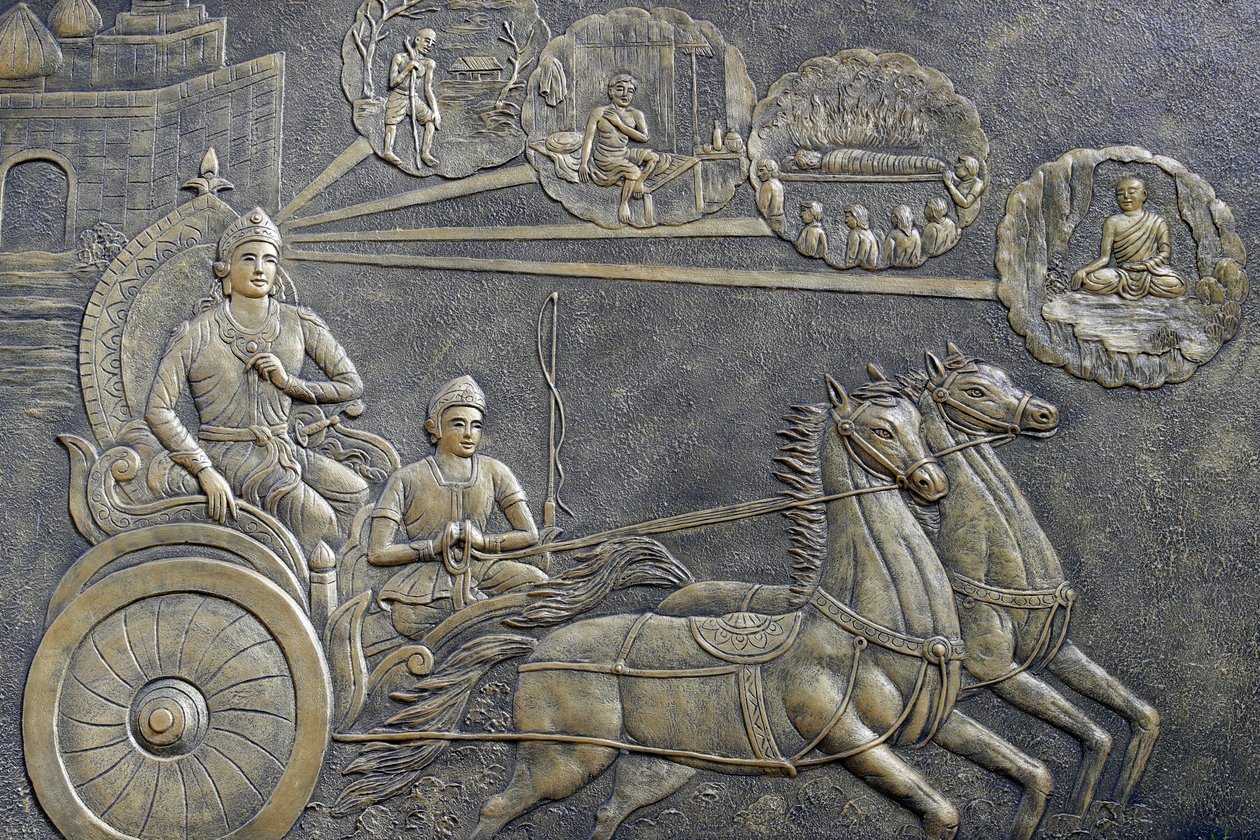 Tinh Xa Ngoc Chau buddhistiske tempel, The Life of the Buddha, Siddhartha Gautama, Prince Siddhartha bad en vognmand om at tage ham med på en række ture gennem landskabet, Chau Doc, Vietnam, 2018 (foto) af Unbekannt