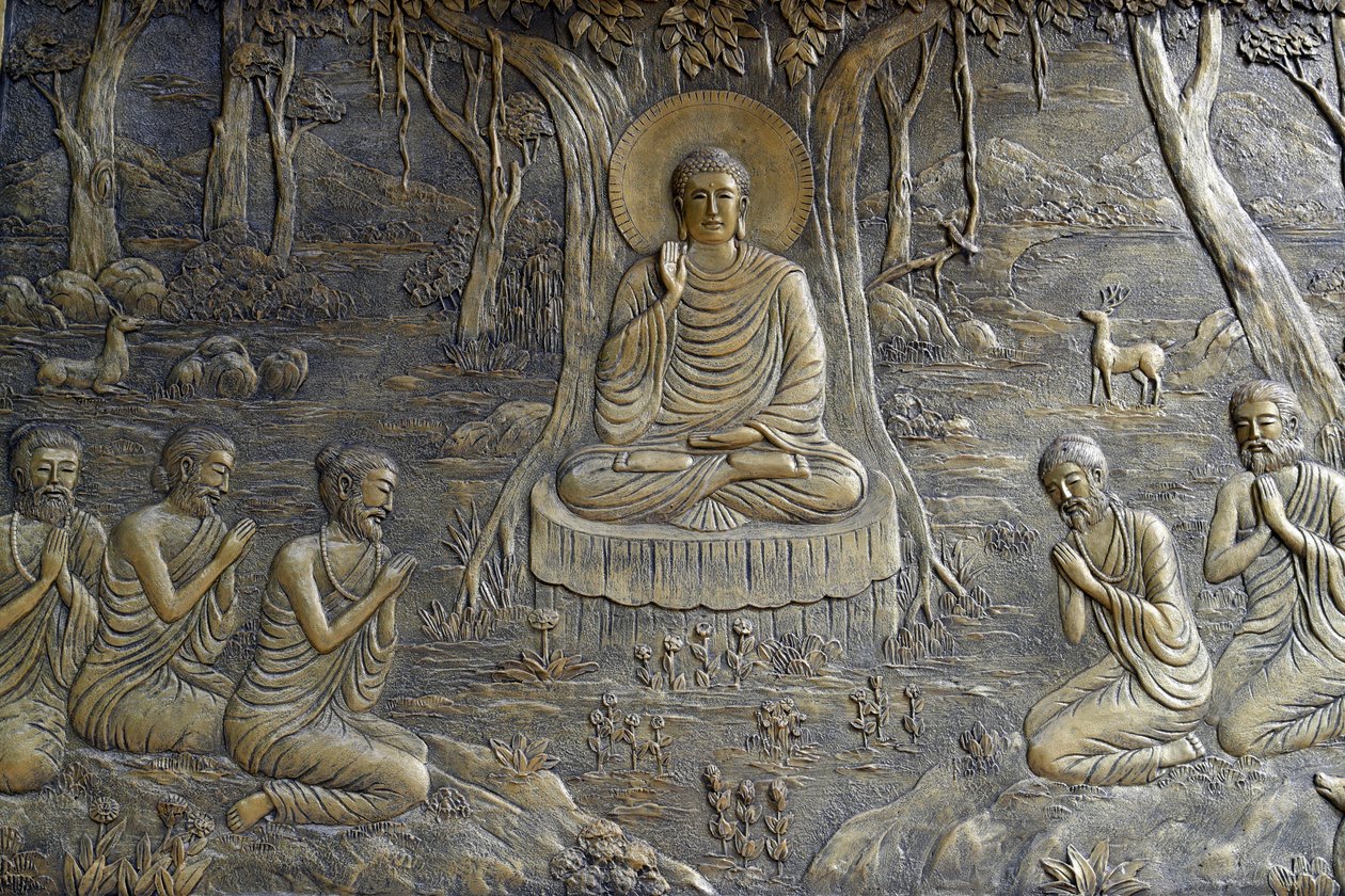 Tinh Xa Ngoc Chau buddhisttempel, Buddhas liv, Siddhartha Gautama, Buddha prædikede sin første prædiken for de fem munke i Deer Park i Varanasi, Chau Doc, Vietnam, 2018 (foto) af Unbekannt