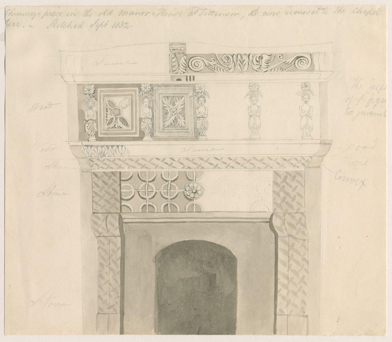 Tittensor - Chimney Piece in Manor House: blyant- og vasketegning, sep 1832 af Unbekannt