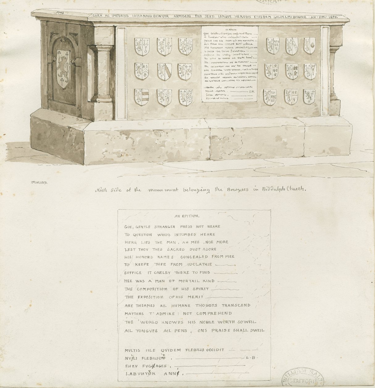 Tomb in Biddulph Church - "William Bowyer": sepia drawing, 1837dani af Unbekannt