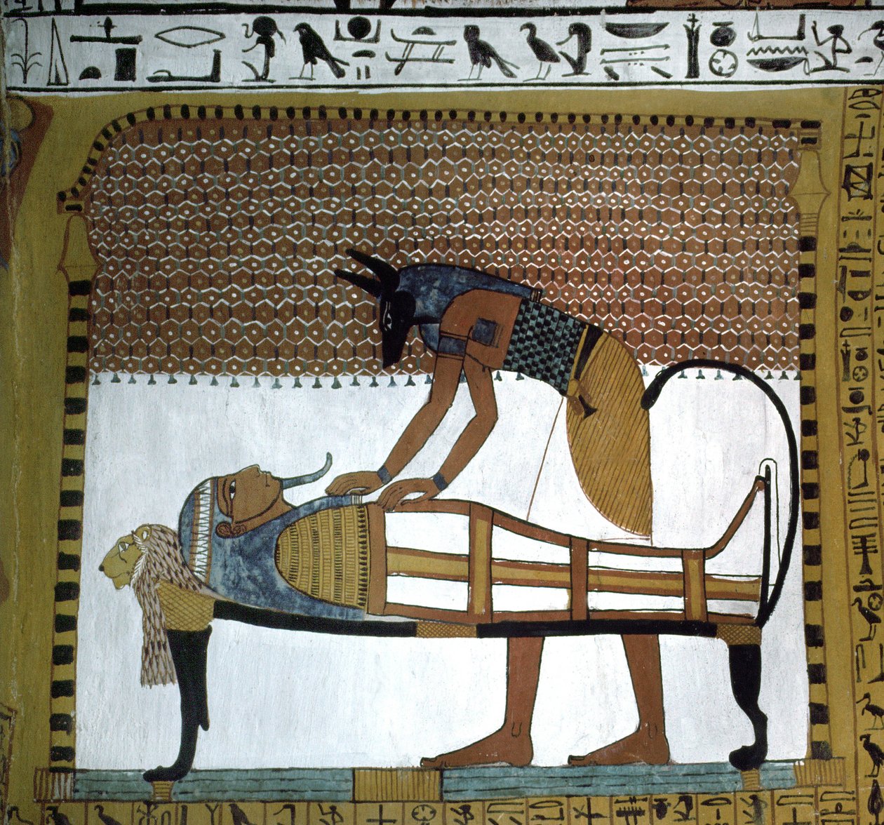 Grave af håndværkere. Sennedjem-mumie balsameret af Gud Anubis, Deir El Medineh-stedet i Luxor, Egypten. Begyndelsen af det 19. dynasti. af Leopold Blonder