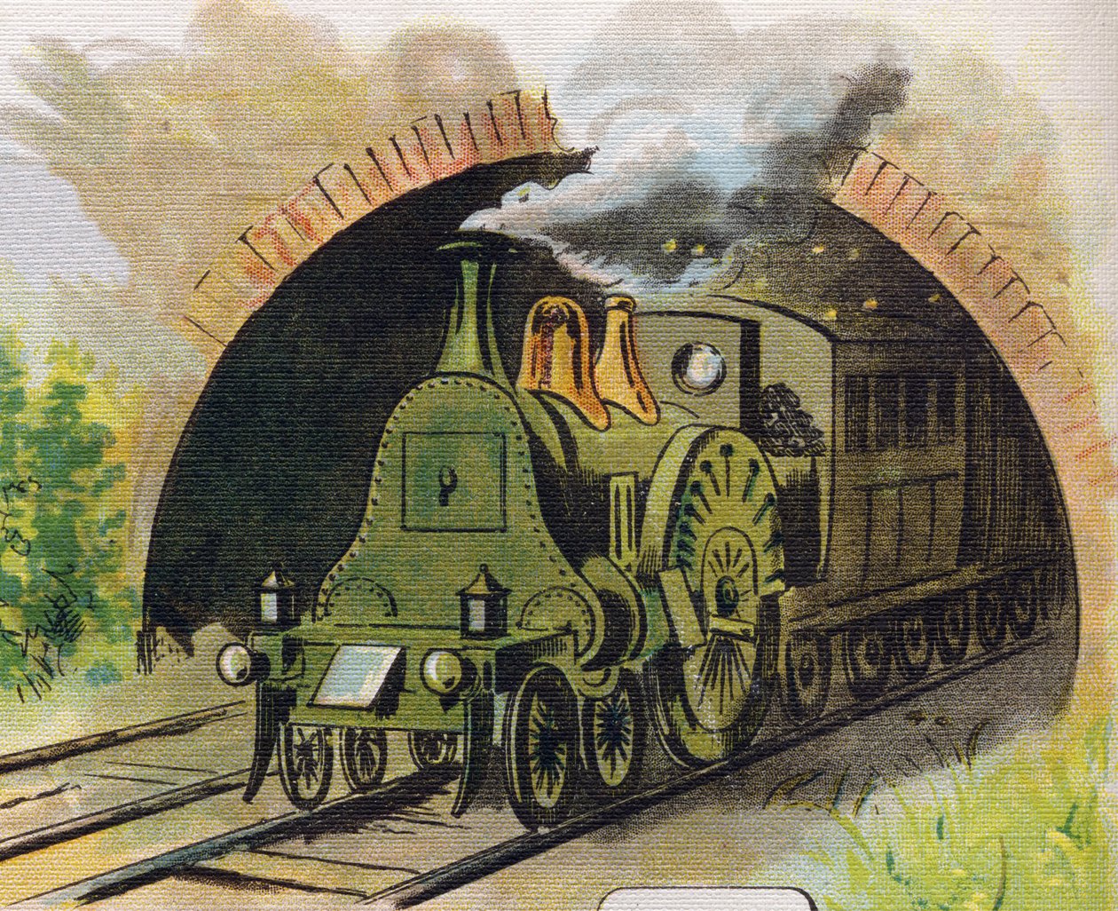 Tog, der forlader en tunnel. Indgravering i "ABC L