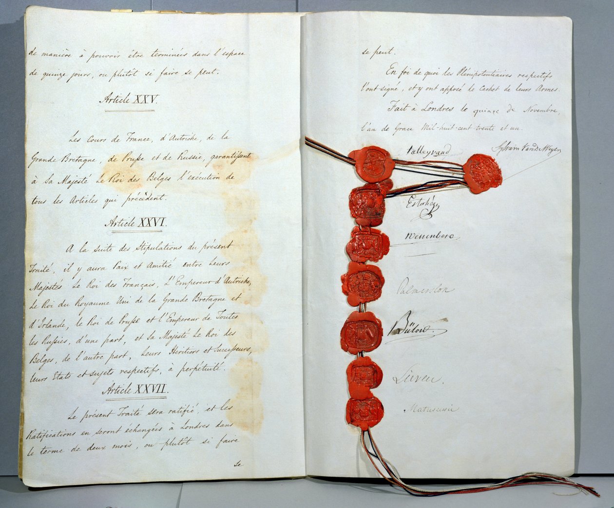 Traktat om oprettelse af Belgien som en suveræn stat, underskrevet den 15. november 1831 på London-konferencen (pen og blæk og voks på papir) af Unbekannt