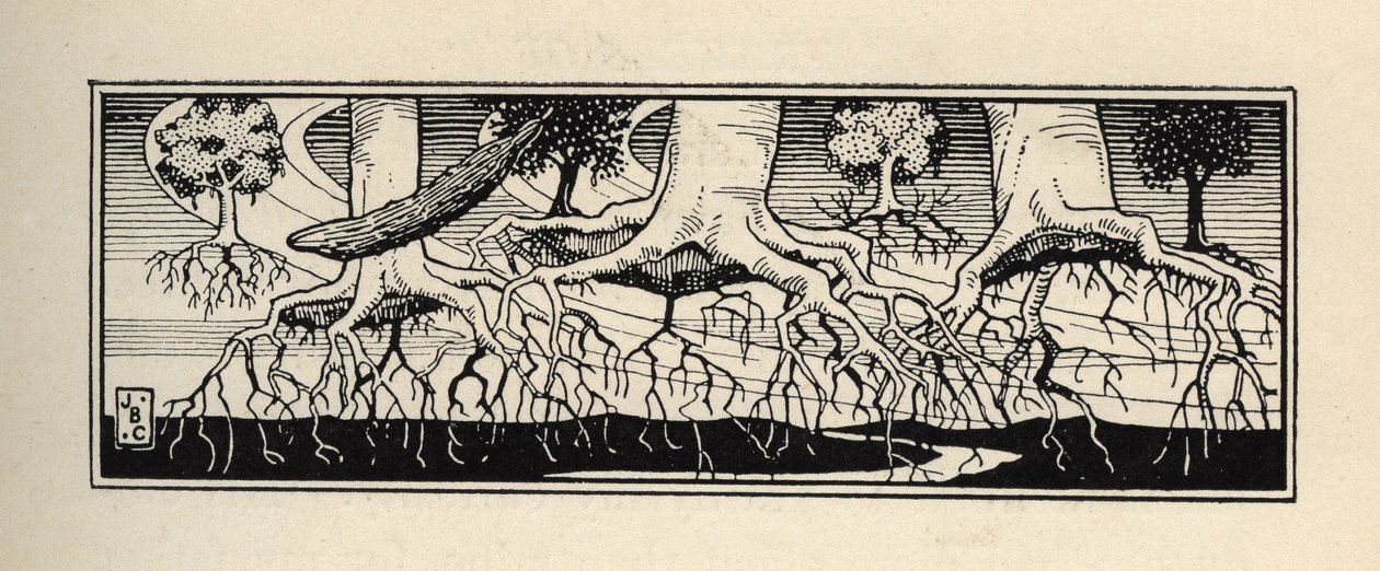 Træer ødelægger af en storm omplanter deres rødder til det nøjagtige sted, hvor de var. Illustration af William Strang (1859-1921) og JB Clark fra "The Adventures of the Baron of Munchausen (Munchhausen) af Rudolf Erich Raspe (1736-1794) (1789) af Unbekannt