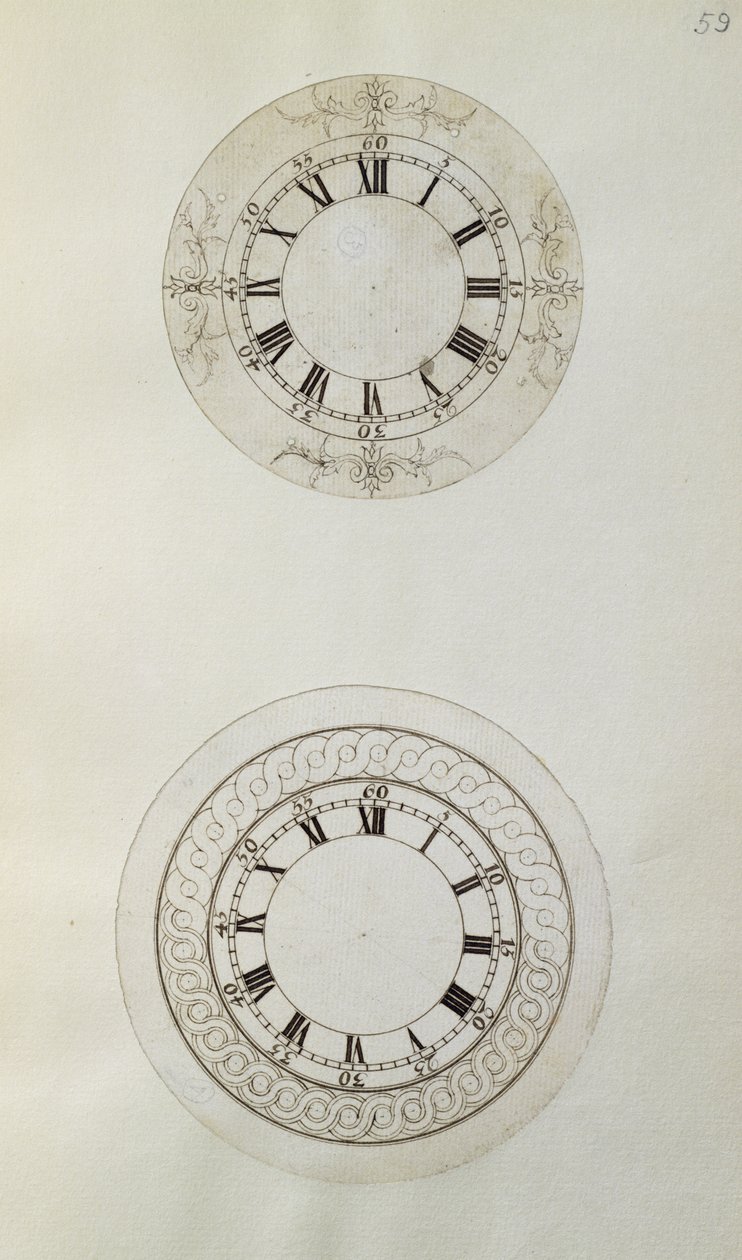 To designs til store emaljerede urskiver, fra mekaniske noter og tegninger udarbejdet af John Harrison (1693-1776) og hans søn William (ca. 1726-72) (pen og blæk på papir) af Unbekannt