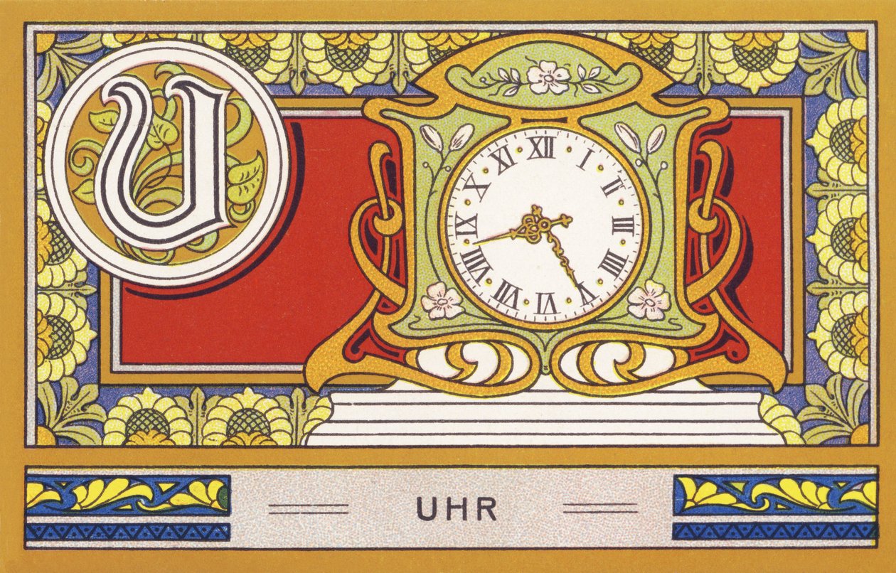 U: Ur - Alfabet Palmine. Serie af kromolitografier redigeret af H. Schlinck & Cie, Hamburg, s. d. . Annonce for Palmins fineste kokosfedt. Mål: 7 x 11 cm af Unbekannter Künstler