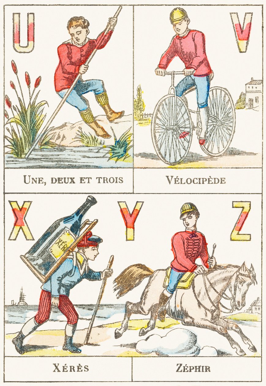 U V X Y Z; U: En, to og tre; V: Velocipede; X: sherry; Z: Zephir - Spilalfabet, ca. 1890 (gravering) af Unbekannt